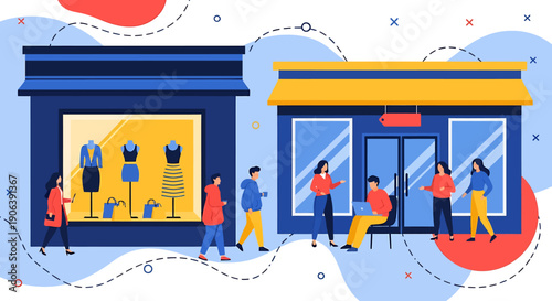 People walking in front of retail stores and shops.