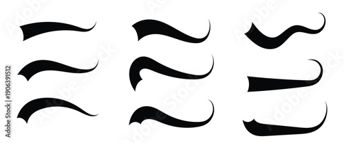 Black vector curved line swoosh tails used for text underlines, graphic design and   baseball, football logo. EPS 10.