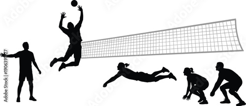 Vector Illustration of Volleyball Players Action Scene with Net for Sports Competition Fitness Training Athletic Performance Team Game and Professional Graphic Design Projects