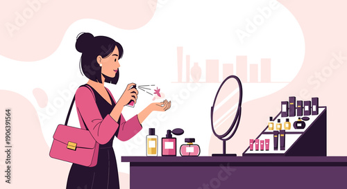 Woman applying perfume from a bottle in front of a mirror.