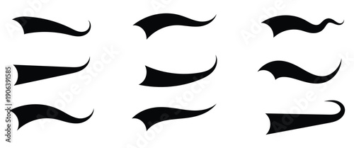 Swoosh and swash typographic tail elememts ideal for sports and luxury brand logos, web or social media designs. Curved vector tail shape isolated on a white background.