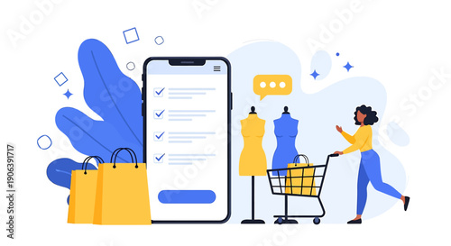 Woman shopping online using mobile phone and cart.