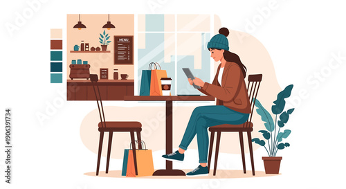 Woman sitting at cafe table using smartphone with shopping bags.