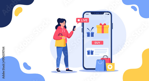 Woman using mobile phone for online shopping and receiving notifications.