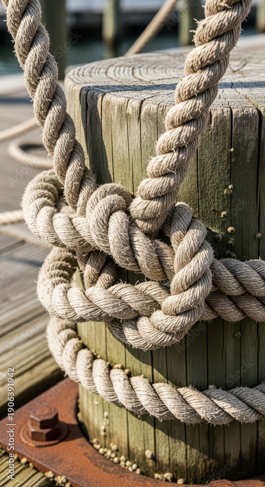 Fototapeta premium Thick, twisted mooring line securely fastened around a weathered wooden piling at a sunny dockside location