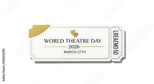 Elegant commemorative theatre ticket illustration announcing World Theatre Day 2026 on March 27th, symbolizing cultural celebration and performing arts events