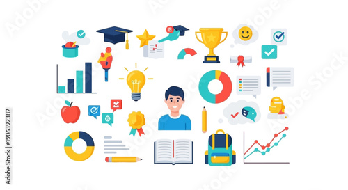 A person surrounded by icons representing education and achievement in a digital illustration from various viewpoints