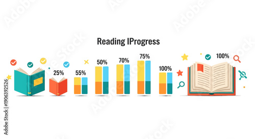 Illustration of reading progress tracking with books and charts from a straightforward view