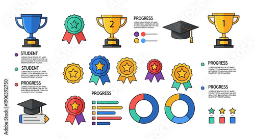 A collection of icons representing achievement and progress in education and competition, featuring trophies, medals, and charts.