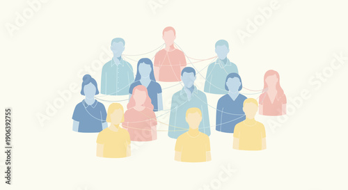 Diverse group of people connect in a line network teamwork concept