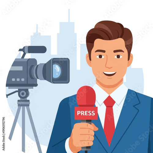 Smiling male news reporter holding microphone.