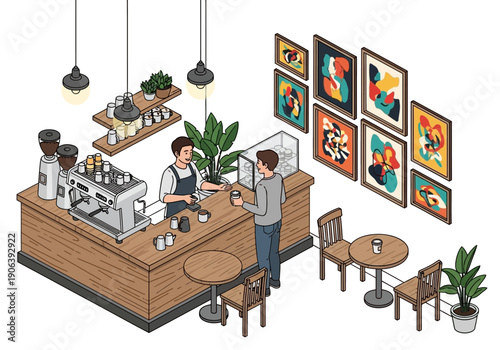 A customer orders coffee from a barista in a modern coffee shop with artwork on the walls and outdoor seating