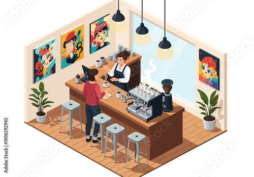 Isometric view of a coffee shop interior with barista and customer
