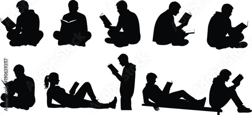 Vector Illustration Set of Diverse People Silhouettes Reading Books while Sitting and Lying Down for Education Library Literacy Knowledge and Hobby Graphic Designs