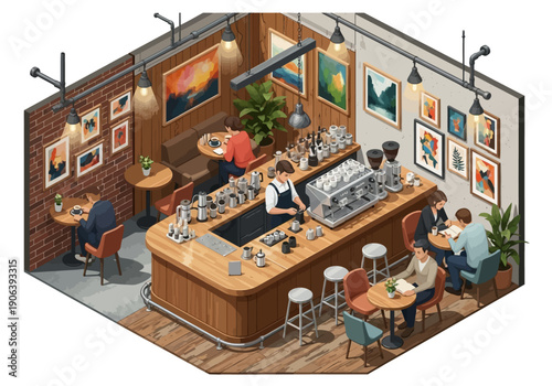 Artistic Coffee Shop Interior with Barista Serving Customers in a Modern Setting from an Isometric Viewpoint