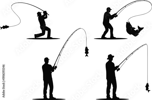 Vector Illustration Set of Fisherman Silhouettes with Fishing Rods Catching Fish for Outdoor Hobby Summer Vacation Marine Life and Professional Angling Designs