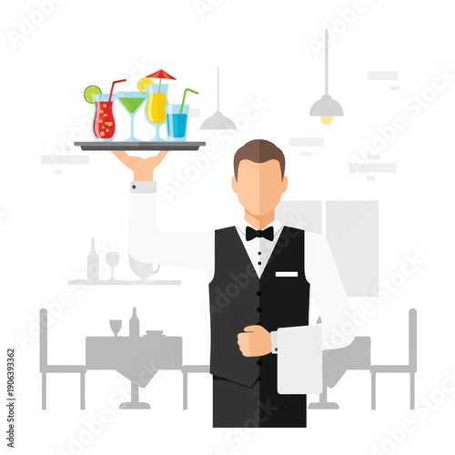 Waiter holding tray of colorful cocktails.