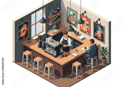 Coffee shop scene with barista and customers in a modern environment from an isometric viewpoint