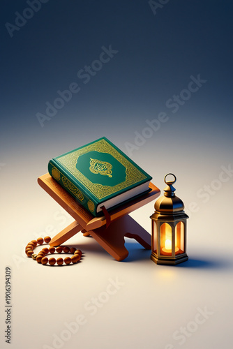 Ramadan Spiritual Scene with Holy Quran, Tasbih, and Lantern