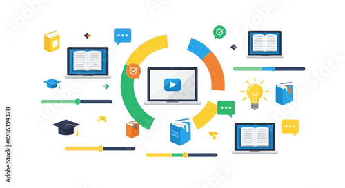 Educational Technology Icons Arranged Around Central Laptop Display on Modern Digital Platform