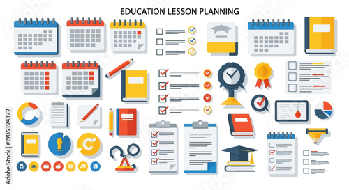 Education Lesson Planning Concept with Various Icons and Symbols on a White Background