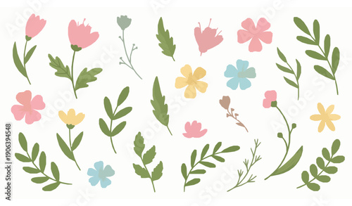 Hand Drawn Spring Floral Vector Set with Wildflowers Leaves and Botanical Elements