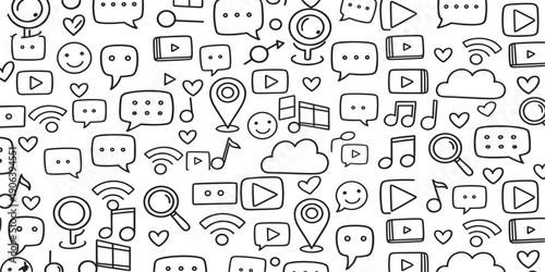 Seamless Social Media Doodle Pattern with Chat Bubbles, Play Buttons, Music, Video, Cloud, Location, and Communication Icons in Line Art Style