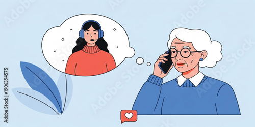 Senior Woman Calling Customer Support Illustration with Elderly User Smartphone Conversation Care Service and Remote Assistance Communication Vector Design
