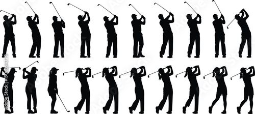 Vector Illustration Set of Professional Male and Female Golfer Silhouettes with Different Golf Swing Poses for Sports Training Active Lifestyle and Tournament Graphic Designs