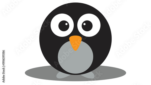Chubby cartoon penguin with big eyes and orange beak on gray shadow
