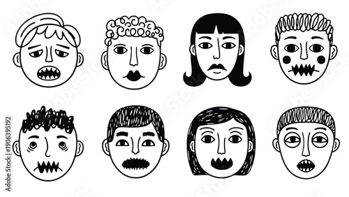 Face icon set with different cartoon characters on transparent background