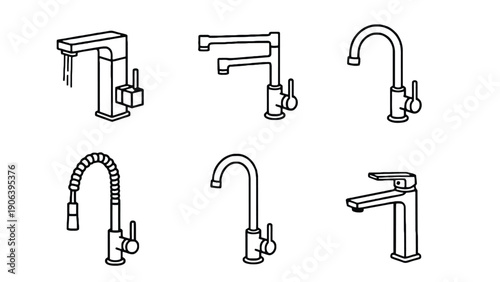 Faucet vector icons set on transparent background for plumbing design