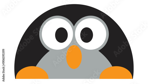 Minimalist cartoon penguin character with big eyes and orange beak on white background