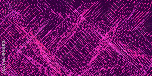  Flowing dot particle light wave pattern, purple and pink gradient halftone, water wave shape on purple background.