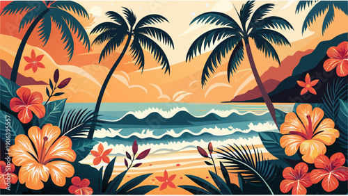 Tropical coastline with palm trees ocean waves and vibrant hibiscus flowers at sunset
