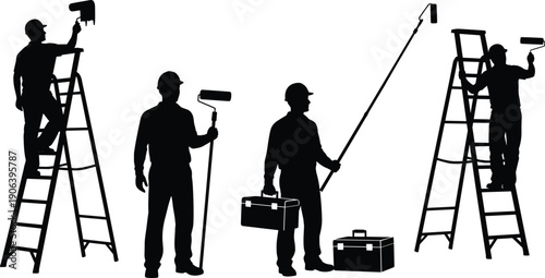 Vector Illustration Set of Professional Painter Silhouettes with Ladders and Paint Rollers for Home Renovation Construction Maintenance Service and Interior Improvement Graphic Designs