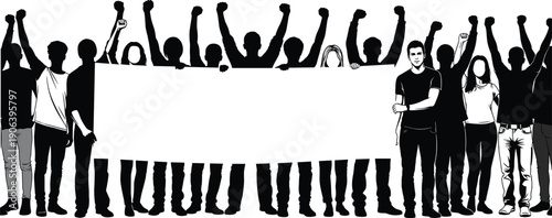 Vector Illustration Set of Protesting People Silhouettes Holding Blank Banner for Revolution Justice Activism Strike Social Movement Freedom Rights and Public Rally Designs
