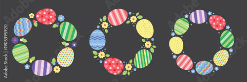 Easter eggs frame set. Round colorful borders or wreaths with floral and decorative elements.