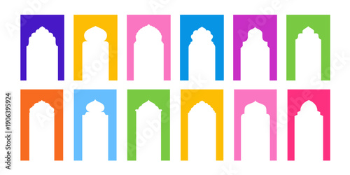 Collection of traditional Islamic gate shapes. Arabic architecture colorful frame set
