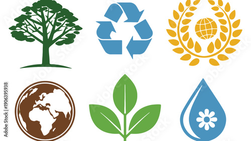 Earth icon set with eco friendly symbols and illustrations