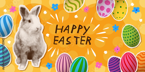 Happy Easter banner template with cute bunny, flowers and eggs. Trendy collage with torn paper and halftone dotted texture.