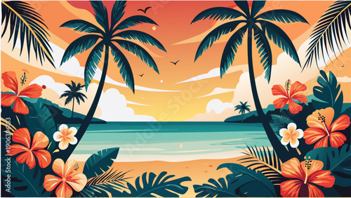 Tropical ocean landscape with palm trees and hibiscus flowers at sunset
