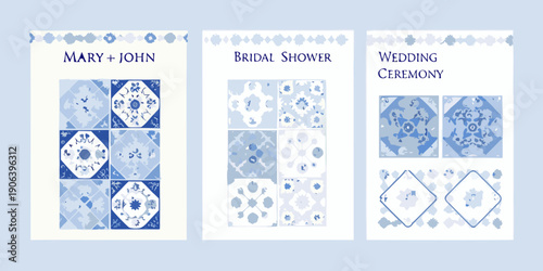 Three wedding announcements with blue and white floral tile patterns