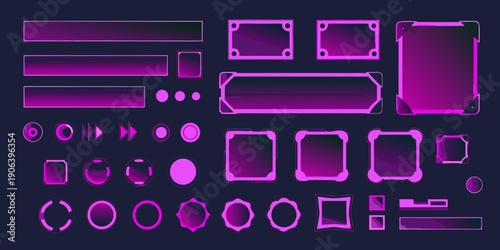 Assorted holographic user interface elements in shades of purple and pink