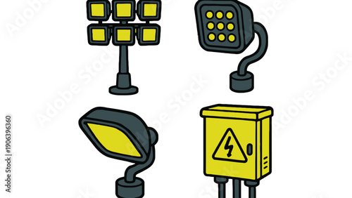 Construction equipment icon set on transparent background for industrial design