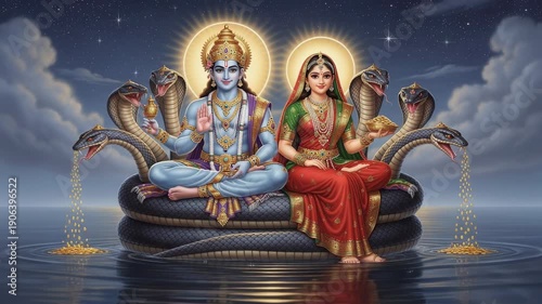 Divine Hindu gods Vishnu and Lakshmi sitting on multi-headed serpent with golden aura and cosmic night sky
