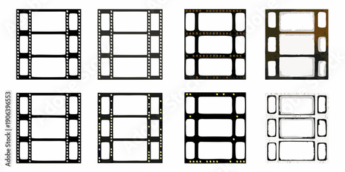 Collection of filmstrips and film frame layouts on a white background