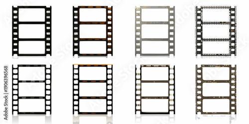 Assorted film strips with varying tones and textures on a white background