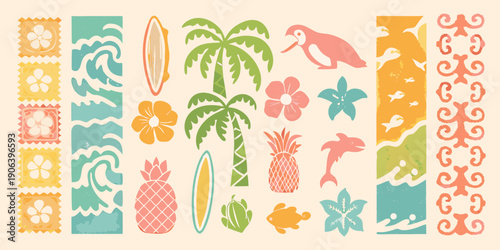 Colorful tropical pattern featuring beach and floral elements