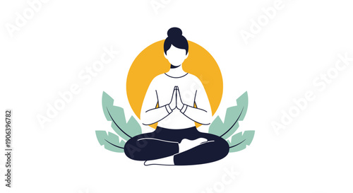 Cartoon Illustration of a Woman Meditating in Lotus Position.